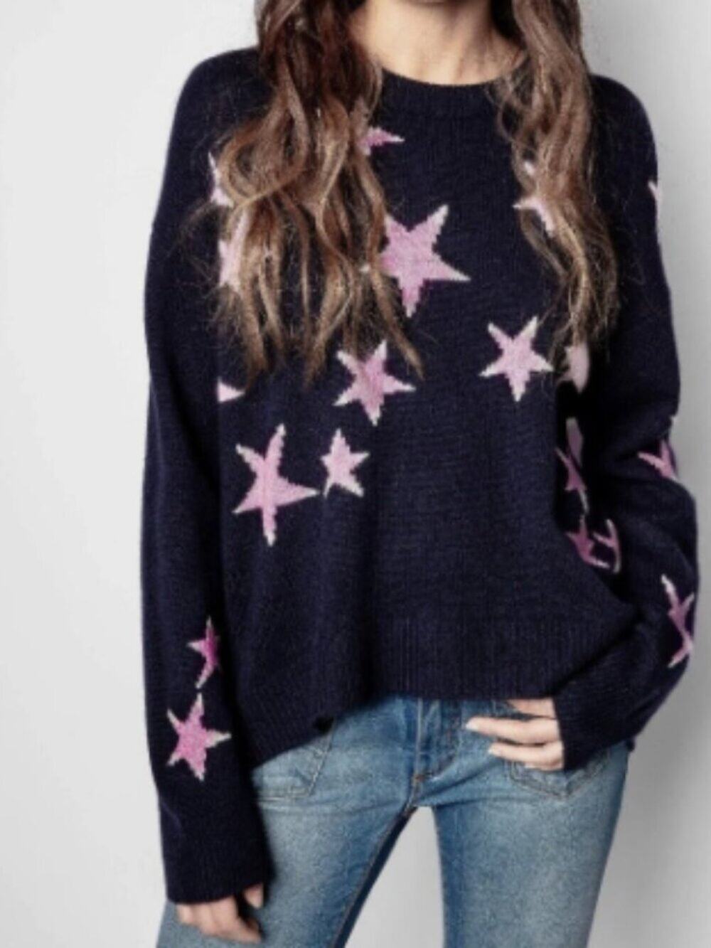 Zadig & Voltaire Markus 100% Cashmere Star Sweater Navy/Pink Sz S